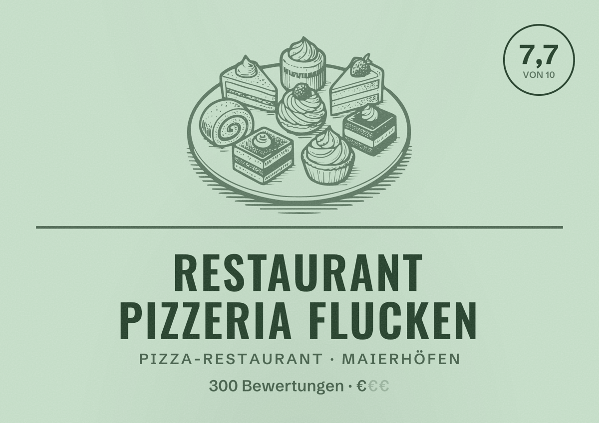Illustriertes Poster von Restaurant Pizzeria Flucken, Pizza-Restaurant in Maierhöfen: Bewertung 7,7 von 10 aus 300 Bewertungen, Preisniveau €