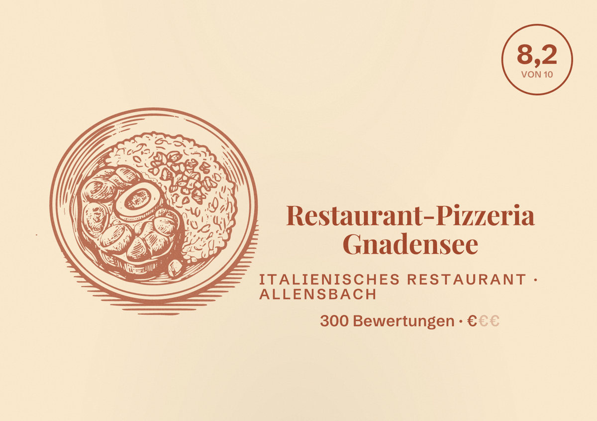 Illustriertes Poster von Restaurant-Pizzeria Gnadensee, Italienisches Restaurant in Allensbach: Bewertung 8,2 von 10 aus 300 Bewertungen, Preisniveau €