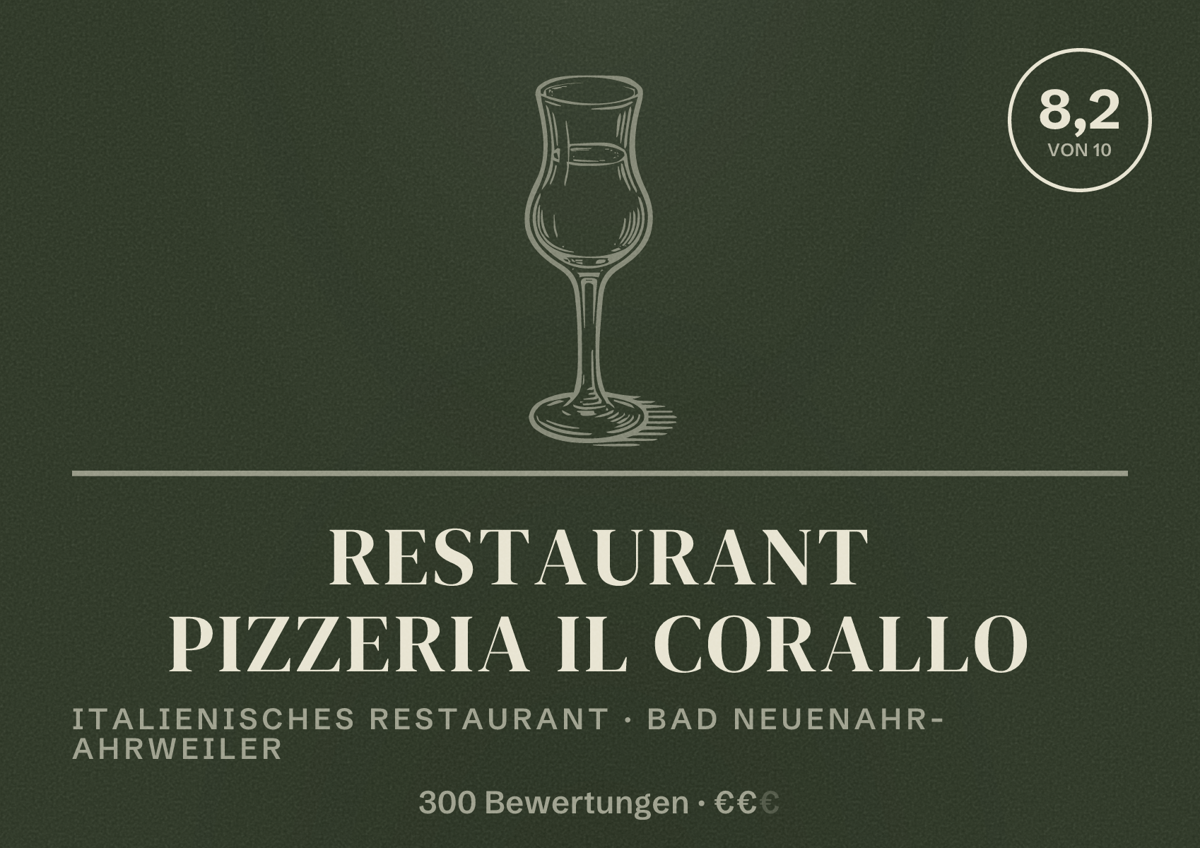Illustriertes Poster von Restaurant Pizzeria il Corallo, Italienisches Restaurant in Bad Neuenahr-Ahrweiler: Bewertung 8,2 von 10 aus 300 Bewertungen, Preisniveau €€