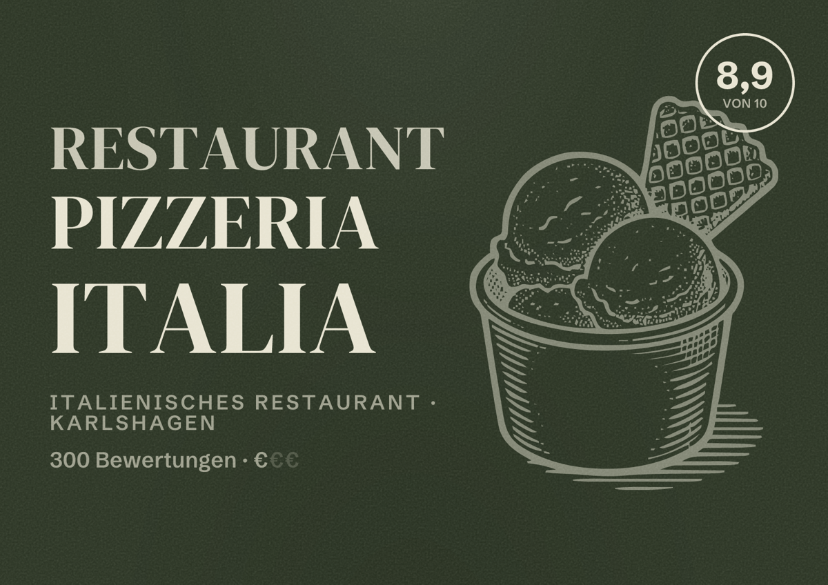 Illustriertes Poster von Restaurant Pizzeria Italia, Italienisches Restaurant in Karlshagen: Bewertung 8,9 von 10 aus 300 Bewertungen, Preisniveau €