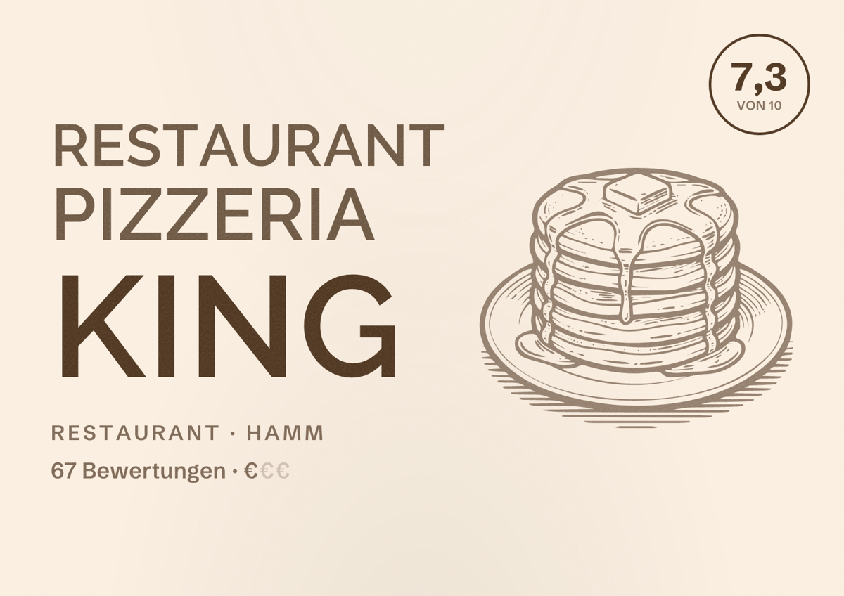 Illustriertes Poster von Restaurant Pizzeria KING, Restaurant in Hamm: Bewertung 7,3 von 10 aus 67 Bewertungen, Preisniveau €