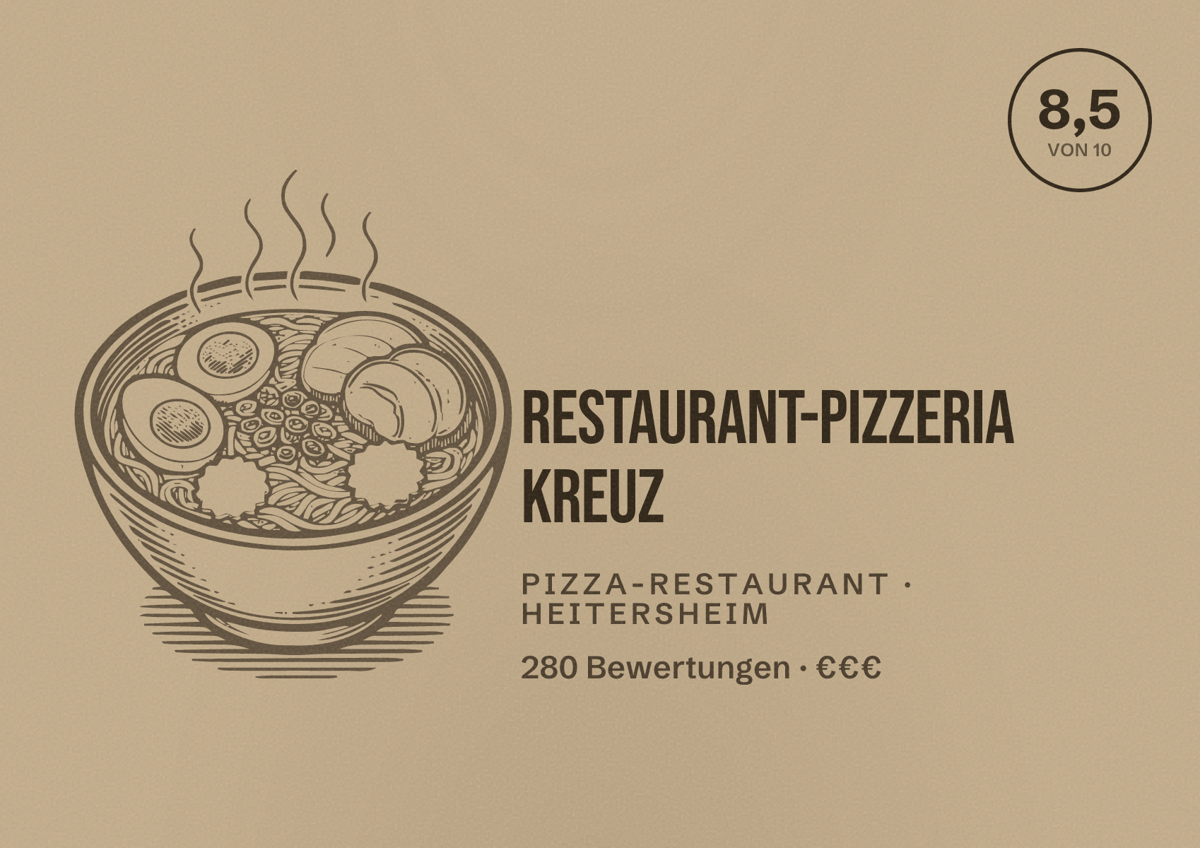 Illustriertes Poster von Restaurant-Pizzeria Kreuz, Pizza-Restaurant in Heitersheim: Bewertung 8,5 von 10 aus 280 Bewertungen, Preisniveau €€€