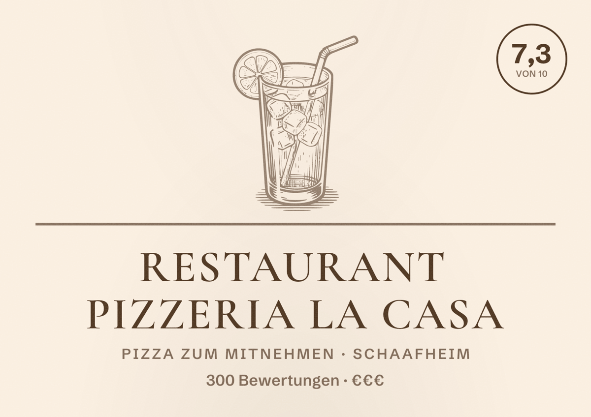Illustriertes Poster von Restaurant Pizzeria La Casa, Pizza zum Mitnehmen in Schaafheim: Bewertung 7,3 von 10 aus 300 Bewertungen, Preisniveau €€€