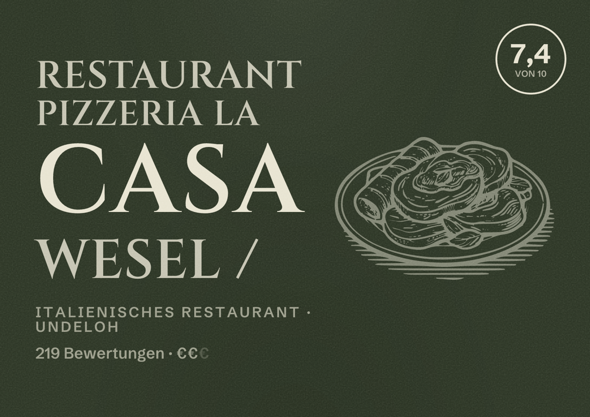 Illustriertes Poster von Restaurant Pizzeria La Casa Wesel /, Italienisches Restaurant in Undeloh: Bewertung 7,4 von 10 aus 219 Bewertungen, Preisniveau €€
