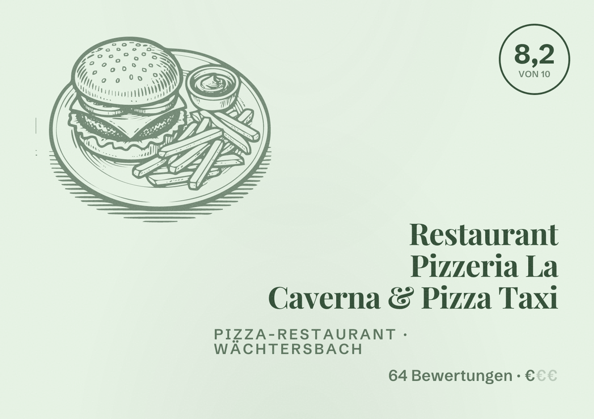 Illustriertes Poster von Restaurant Pizzeria La Caverna & Pizza Taxi, Pizza-Restaurant in Wächtersbach: Bewertung 8,2 von 10 aus 64 Bewertungen, Preisniveau €