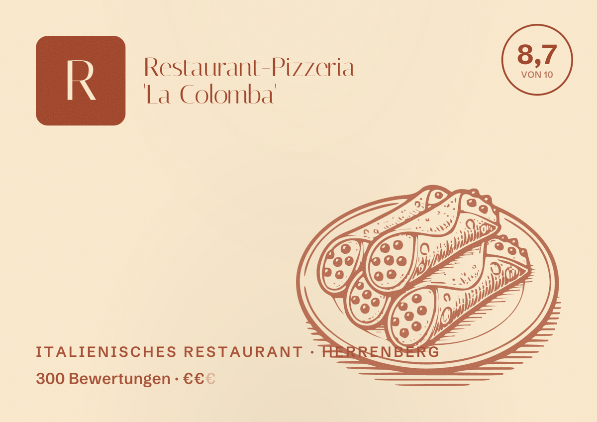 Illustriertes Poster von Restaurant-Pizzeria 'La Colomba', Italienisches Restaurant in Herrenberg: Bewertung 8,7 von 10 aus 300 Bewertungen, Preisniveau €€