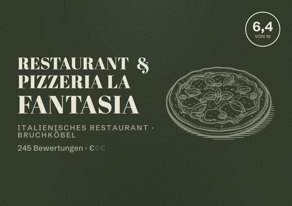 Illustriertes Poster von Restaurant & Pizzeria La Fantasia, Italienisches Restaurant in Bruchköbel: Bewertung 6,4 von 10 aus 245 Bewertungen, Preisniveau €