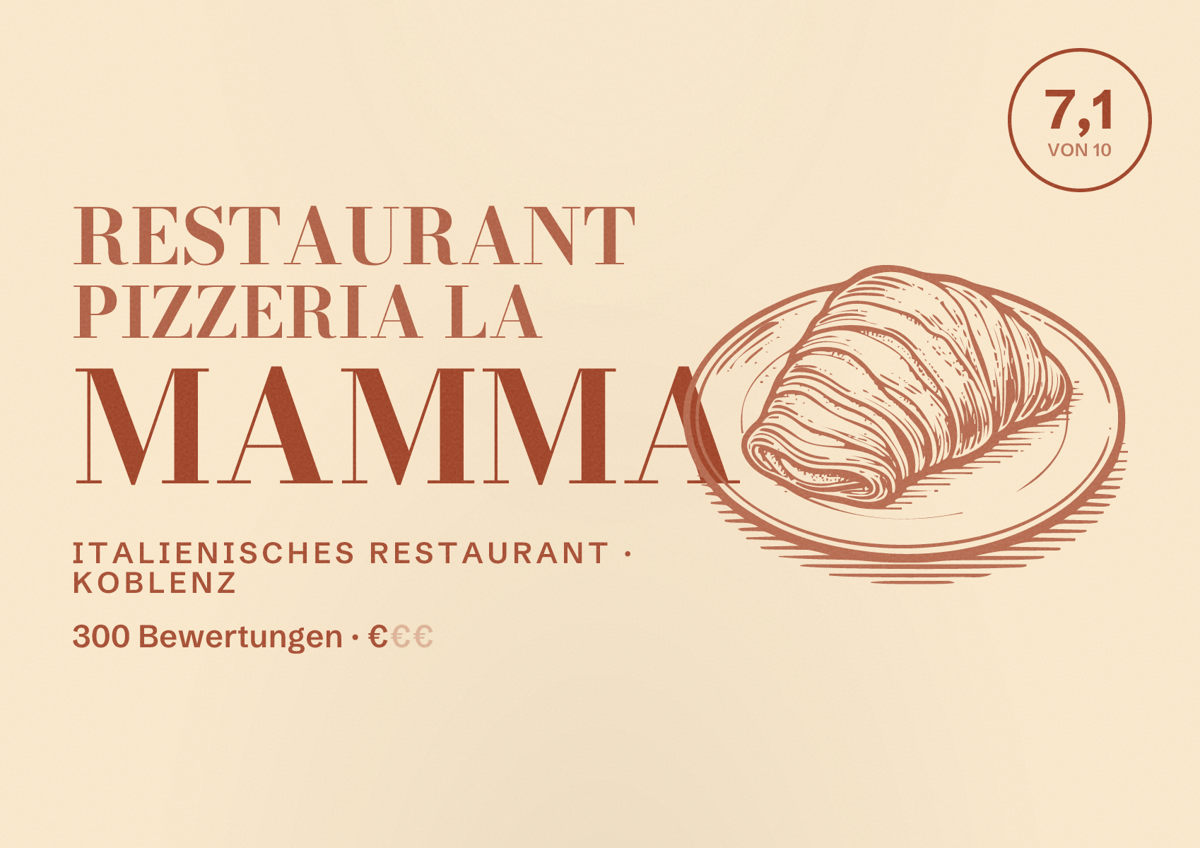 Illustriertes Poster von Restaurant Pizzeria La Mamma, Italienisches Restaurant in Koblenz: Bewertung 7,1 von 10 aus 300 Bewertungen, Preisniveau €