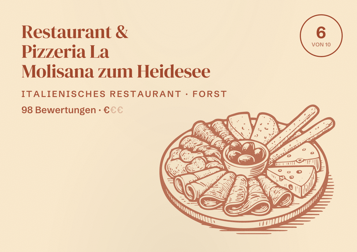 Illustriertes Poster von Restaurant & Pizzeria La Molisana zum Heidesee, Italienisches Restaurant in Forst: Bewertung 6 von 10 aus 98 Bewertungen, Preisniveau €
