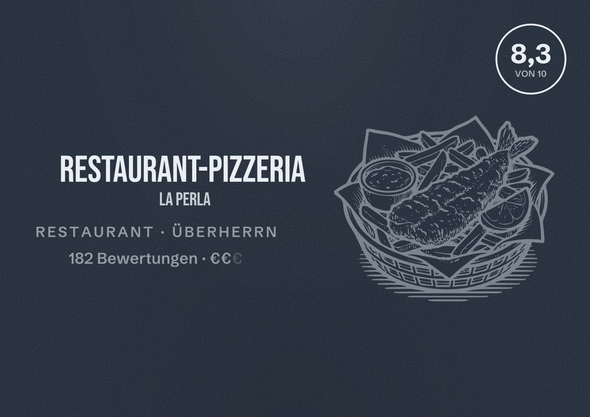 Illustriertes Poster von Restaurant-Pizzeria La Perla, Restaurant in Überherrn: Bewertung 8,3 von 10 aus 182 Bewertungen, Preisniveau €€