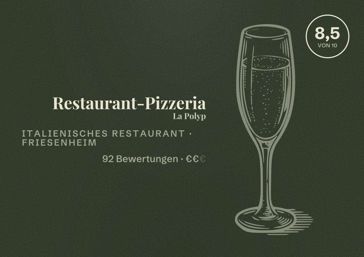Illustriertes Poster von Restaurant-Pizzeria La Polyp, Italienisches Restaurant in Friesenheim: Bewertung 8,5 von 10 aus 92 Bewertungen, Preisniveau €€