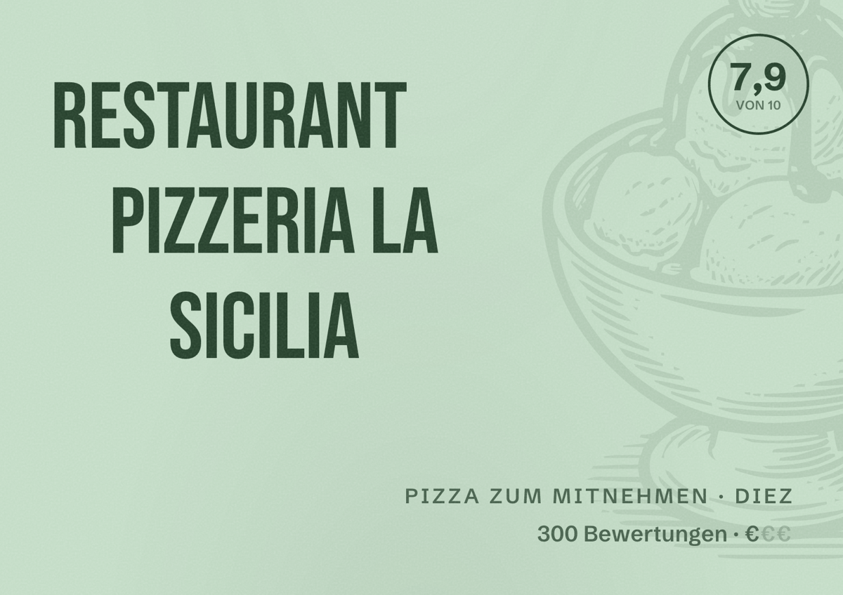 Illustriertes Poster von Restaurant Pizzeria La Sicilia, Pizza zum Mitnehmen in Diez: Bewertung 7,9 von 10 aus 300 Bewertungen, Preisniveau €