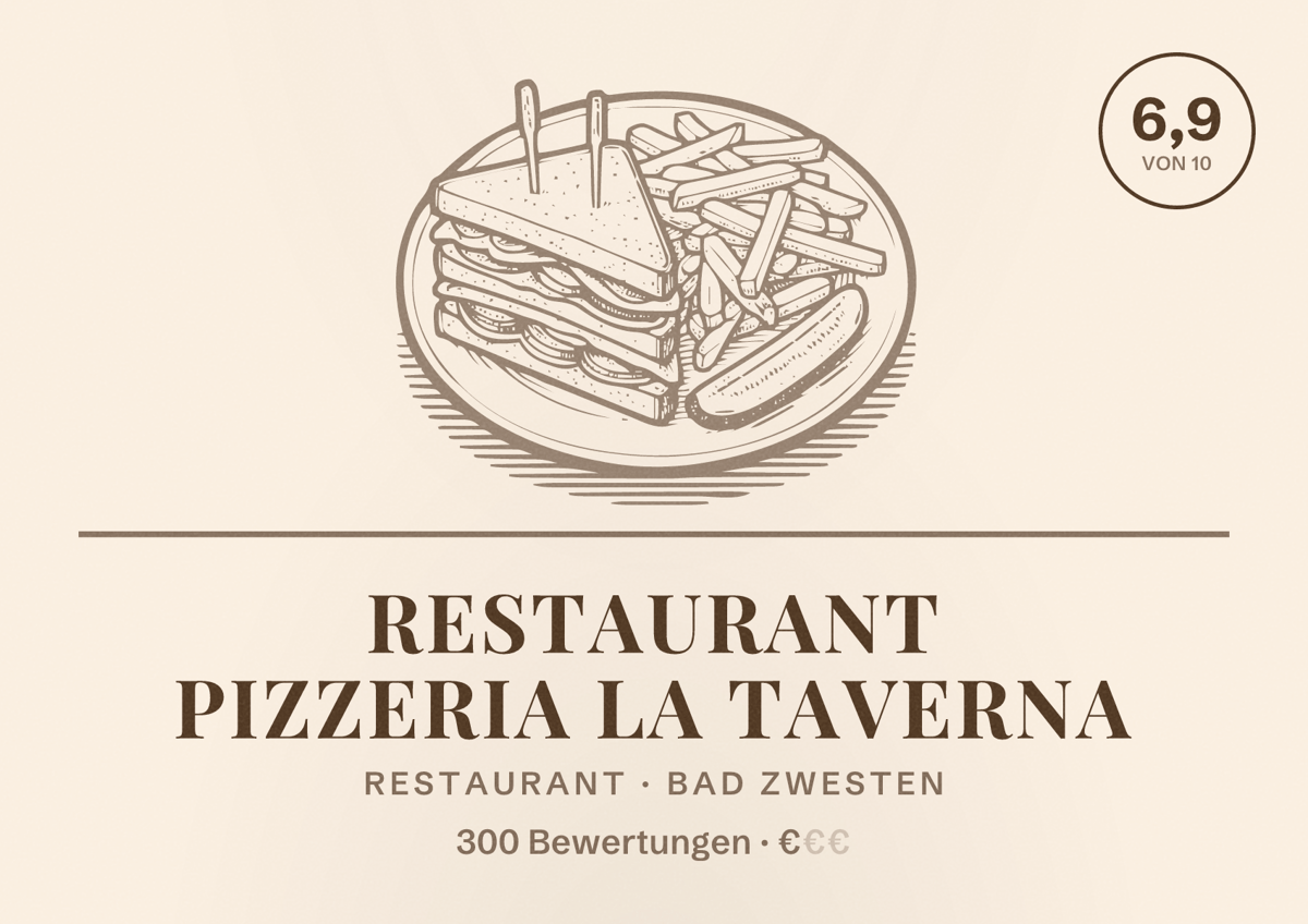 Illustriertes Poster von Restaurant Pizzeria La Taverna, Restaurant in Bad Zwesten: Bewertung 6,9 von 10 aus 300 Bewertungen, Preisniveau €