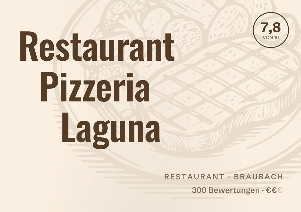 Illustriertes Poster von Restaurant Pizzeria Laguna, Restaurant in Braubach: Bewertung 7,8 von 10 aus 300 Bewertungen, Preisniveau €€