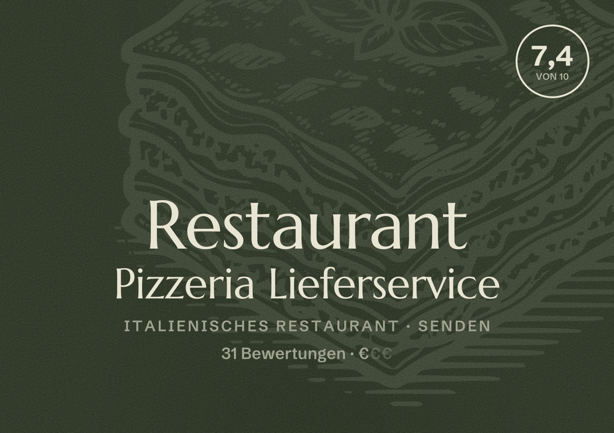 Illustriertes Poster von Restaurant Pizzeria Lieferservice, Italienisches Restaurant in Senden: Bewertung 7,4 von 10 aus 31 Bewertungen, Preisniveau €