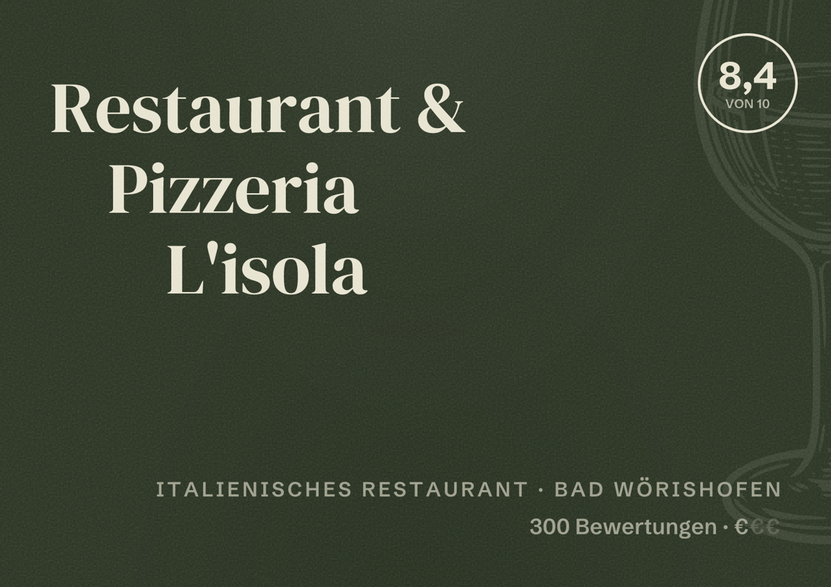 Illustriertes Poster von Restaurant & Pizzeria L'isola, Italienisches Restaurant in Bad Wörishofen: Bewertung 8,4 von 10 aus 300 Bewertungen, Preisniveau €