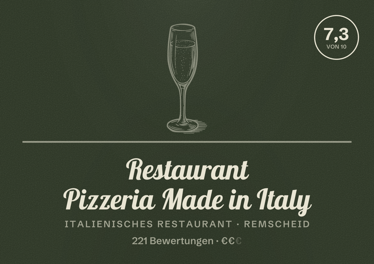 Illustriertes Poster von Restaurant Pizzeria Made in Italy, Italienisches Restaurant in Remscheid: Bewertung 7,3 von 10 aus 221 Bewertungen, Preisniveau €€