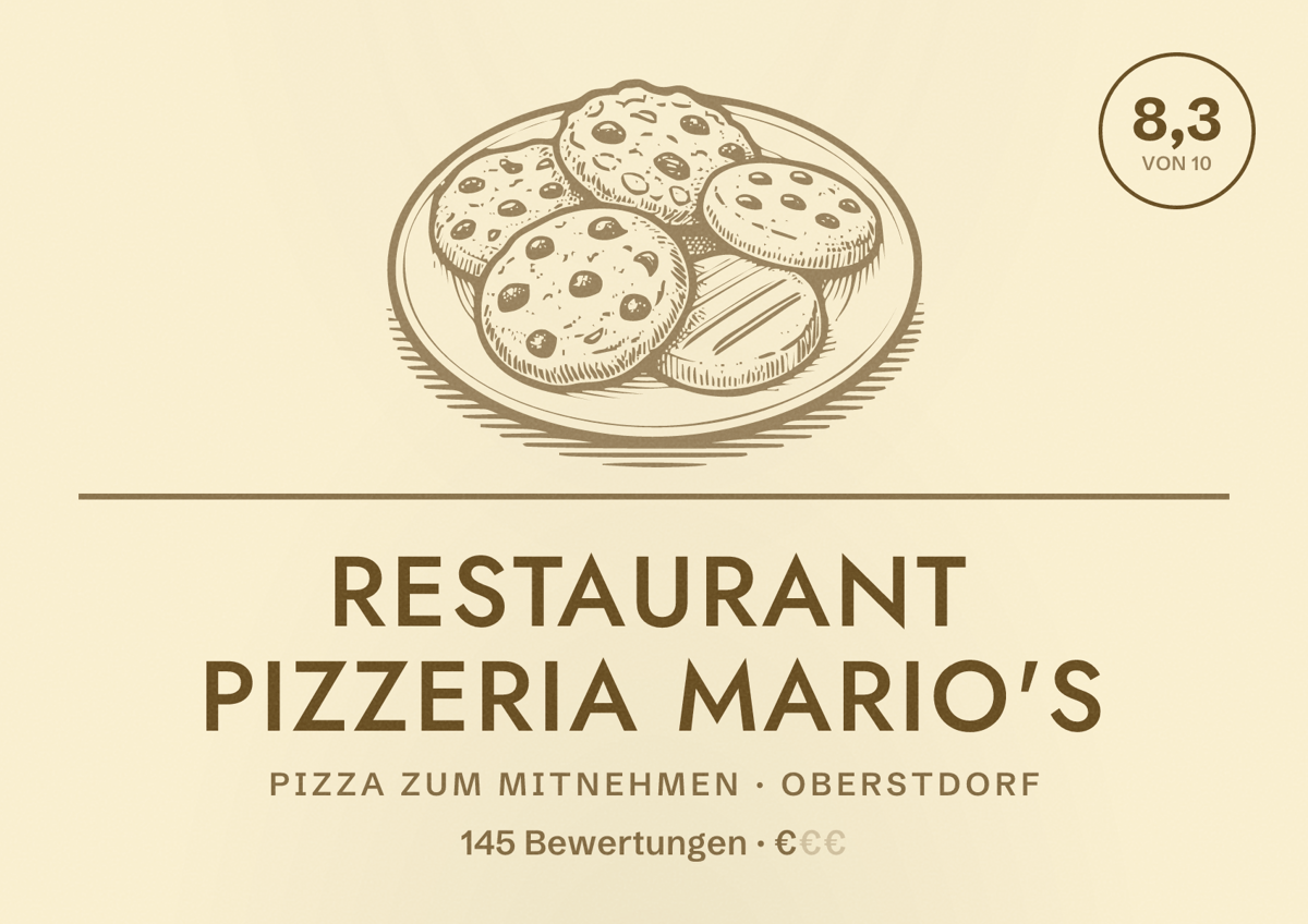 Illustriertes Poster von Restaurant Pizzeria Mario's, Pizza zum Mitnehmen in Oberstdorf: Bewertung 8,3 von 10 aus 145 Bewertungen, Preisniveau €