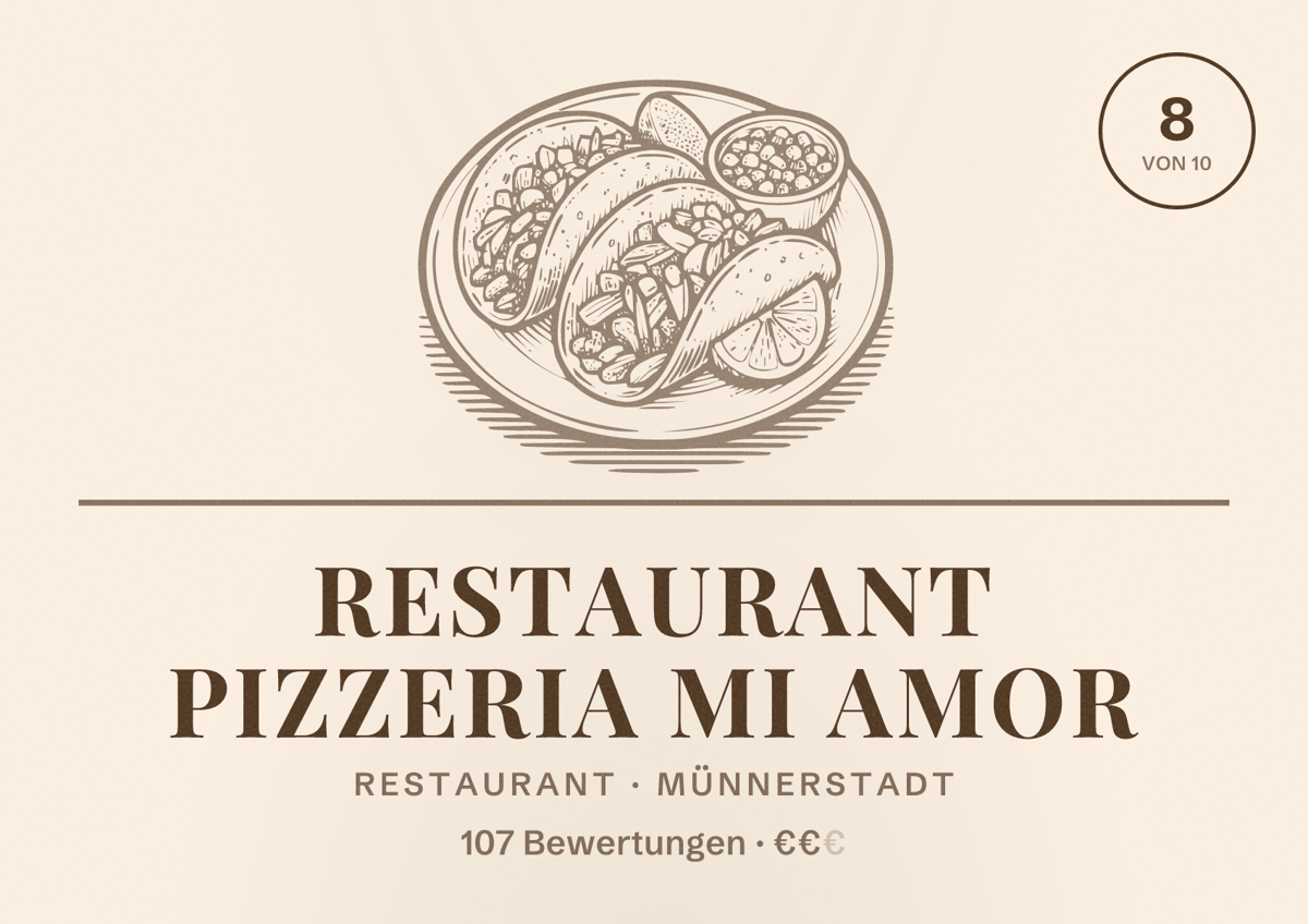 Illustriertes Poster von Restaurant Pizzeria Mi Amor, Restaurant in Münnerstadt: Bewertung 8 von 10 aus 107 Bewertungen, Preisniveau €€