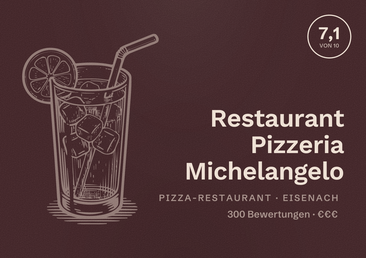 Illustriertes Poster von Restaurant Pizzeria Michelangelo, Pizza-Restaurant in Eisenach: Bewertung 7,1 von 10 aus 300 Bewertungen, Preisniveau €€€