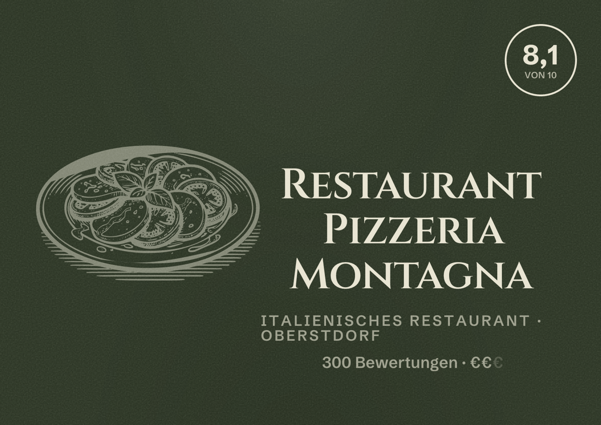 Illustriertes Poster von Restaurant Pizzeria Montagna, Italienisches Restaurant in Oberstdorf: Bewertung 8,1 von 10 aus 300 Bewertungen, Preisniveau €€