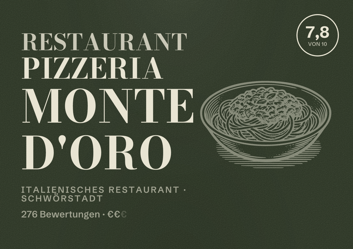 Illustriertes Poster von Restaurant Pizzeria Monte D'Oro, Italienisches Restaurant in Schwörstadt: Bewertung 7,8 von 10 aus 276 Bewertungen, Preisniveau €€