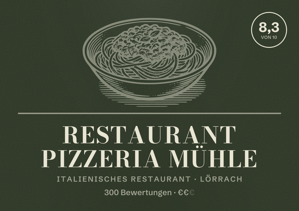Illustriertes Poster von Restaurant Pizzeria Mühle, Italienisches Restaurant in Lörrach: Bewertung 8,3 von 10 aus 300 Bewertungen, Preisniveau €€