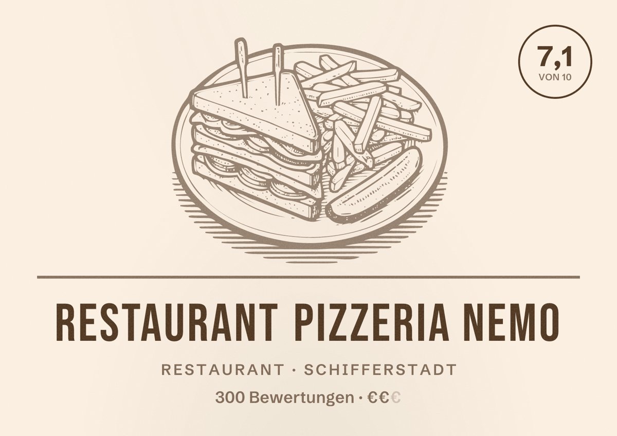 Illustriertes Poster von Restaurant Pizzeria Nemo, Restaurant in Schifferstadt: Bewertung 7,1 von 10 aus 300 Bewertungen, Preisniveau €€