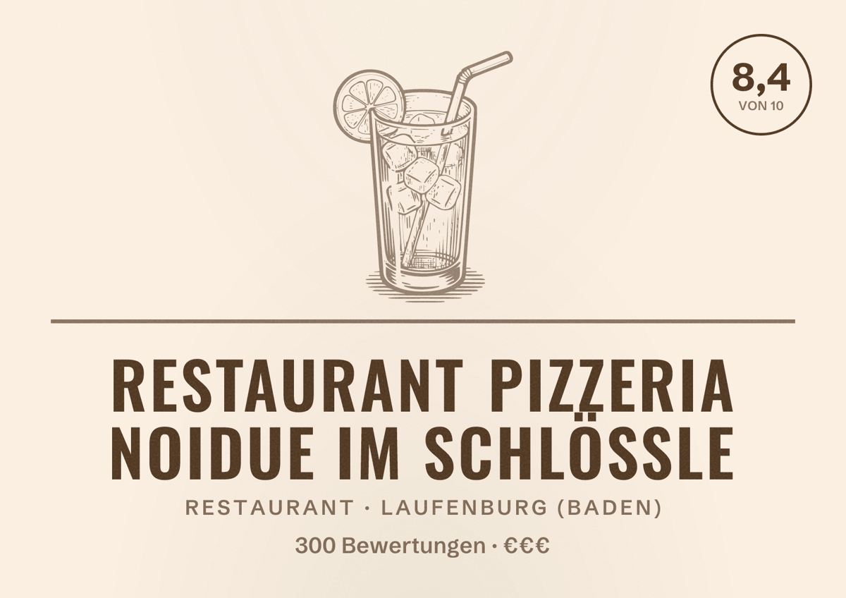 Illustriertes Poster von Restaurant Pizzeria NoiDue Im Schlössle, Restaurant in Laufenburg (Baden): Bewertung 8,4 von 10 aus 300 Bewertungen, Preisniveau €€€