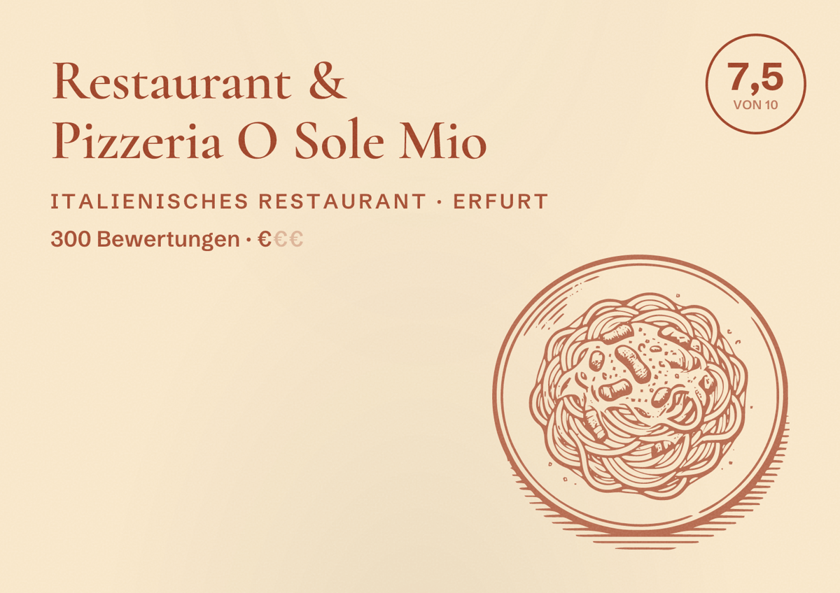 Illustriertes Poster von Restaurant & Pizzeria O Sole Mio, Italienisches Restaurant in Erfurt: Bewertung 7,5 von 10 aus 300 Bewertungen, Preisniveau €