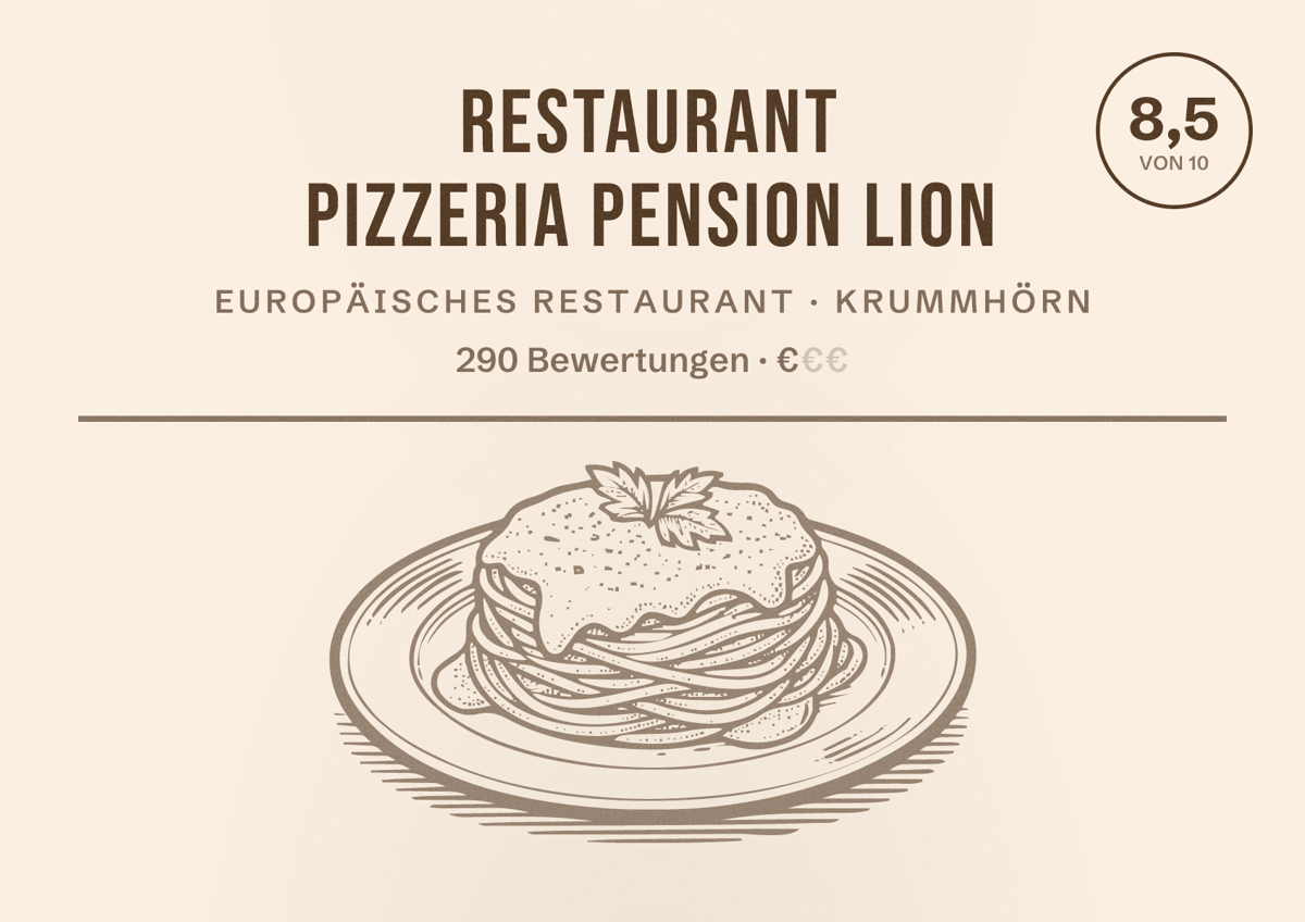 Illustriertes Poster von Restaurant Pizzeria Pension Lion, Europäisches Restaurant in Krummhörn: Bewertung 8,5 von 10 aus 290 Bewertungen, Preisniveau €