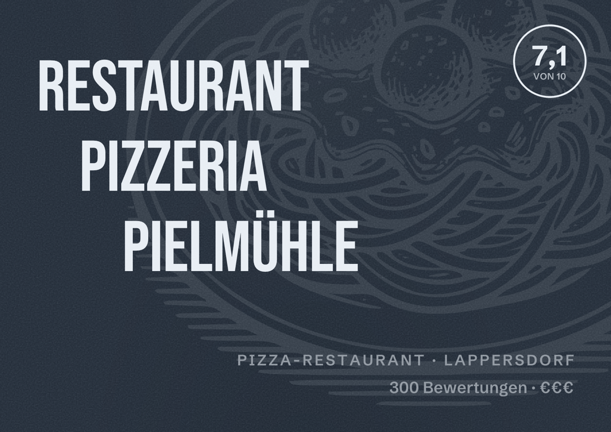 Illustriertes Poster von Restaurant Pizzeria Pielmühle, Pizza-Restaurant in Lappersdorf: Bewertung 7,1 von 10 aus 300 Bewertungen, Preisniveau €€€