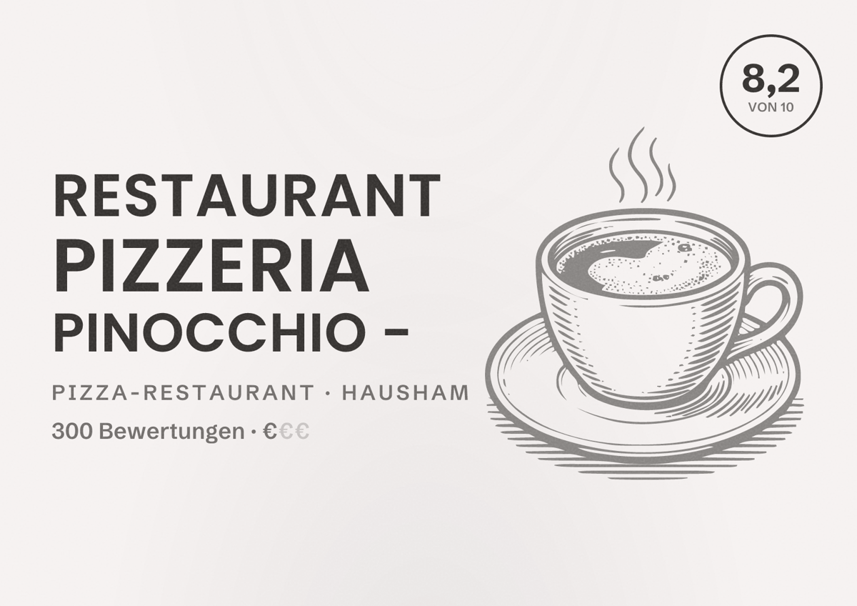 Illustriertes Poster von Restaurant Pizzeria Pinocchio -, Pizza-Restaurant in Hausham: Bewertung 8,2 von 10 aus 300 Bewertungen, Preisniveau €
