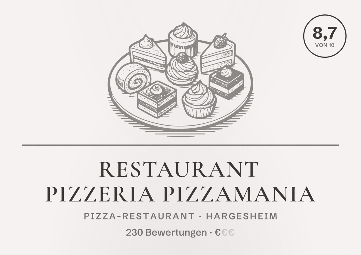 Illustriertes Poster von Restaurant Pizzeria Pizzamania, Pizza-Restaurant in Hargesheim: Bewertung 8,7 von 10 aus 230 Bewertungen, Preisniveau €
