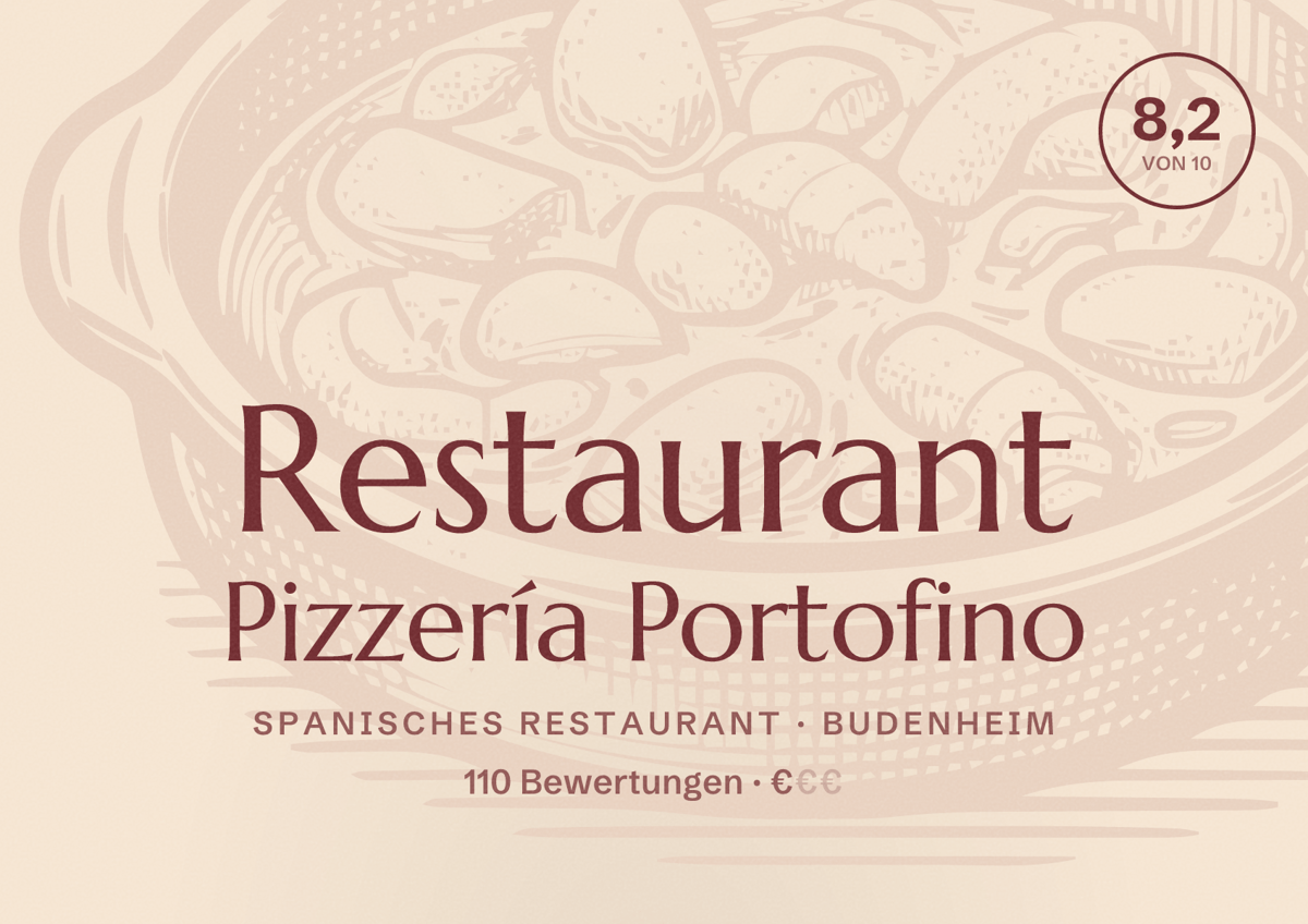 Illustriertes Poster von Restaurant Pizzería Portofino, Spanisches Restaurant in Budenheim: Bewertung 8,2 von 10 aus 110 Bewertungen, Preisniveau €