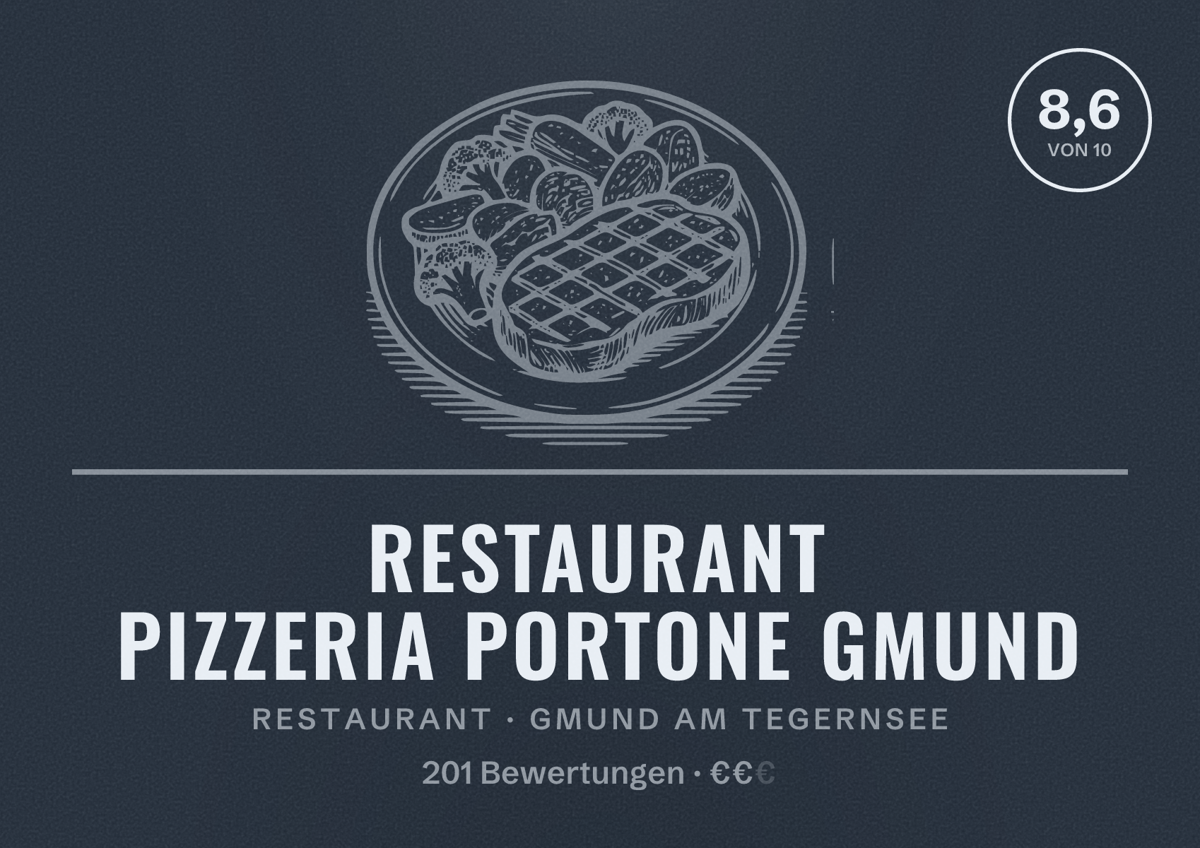 Illustriertes Poster von Restaurant Pizzeria Portone Gmund, Restaurant in Gmund am Tegernsee: Bewertung 8,6 von 10 aus 201 Bewertungen, Preisniveau €€