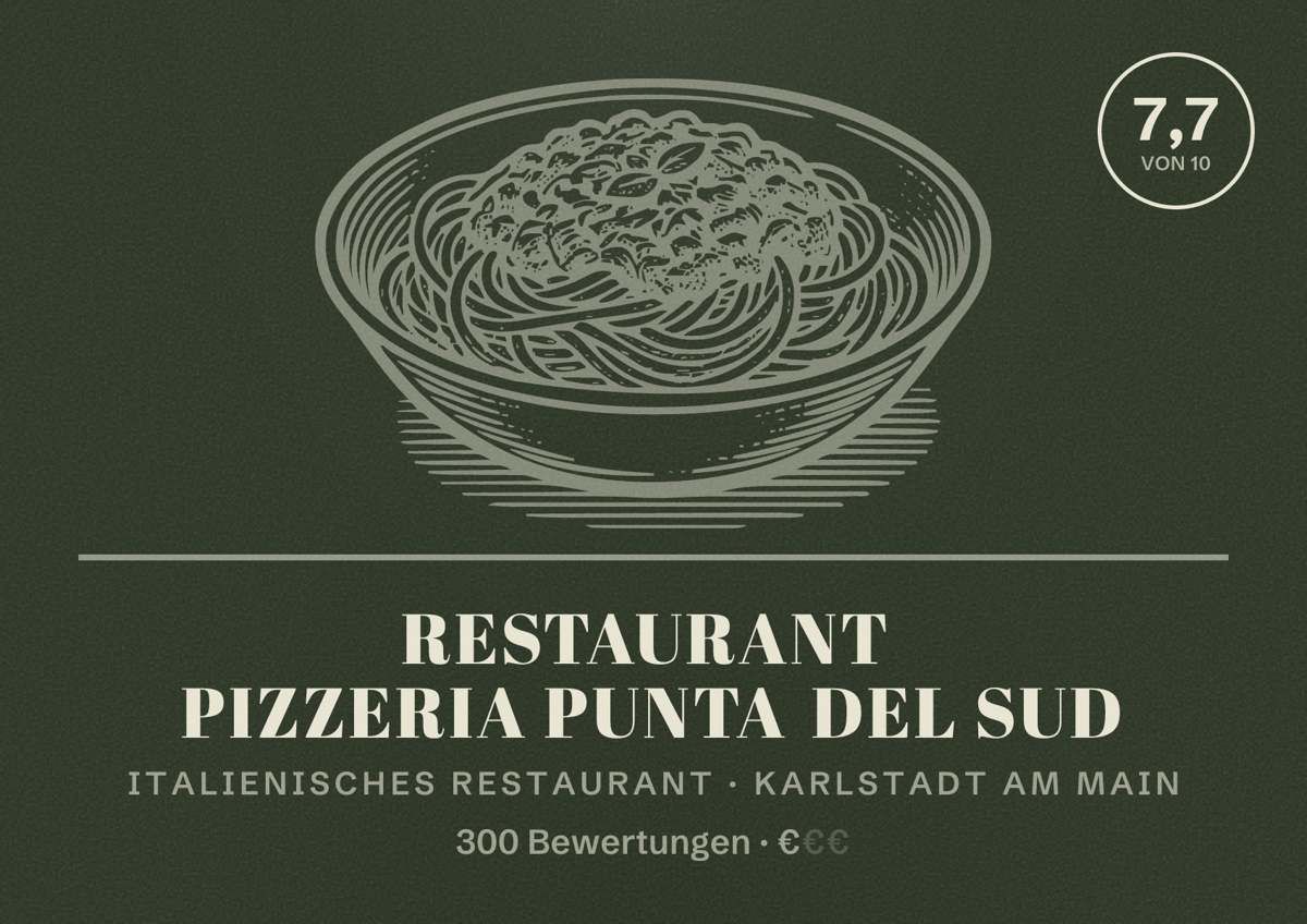 Illustriertes Poster von Restaurant Pizzeria Punta del Sud, Italienisches Restaurant in Karlstadt am Main: Bewertung 7,7 von 10 aus 300 Bewertungen, Preisniveau €