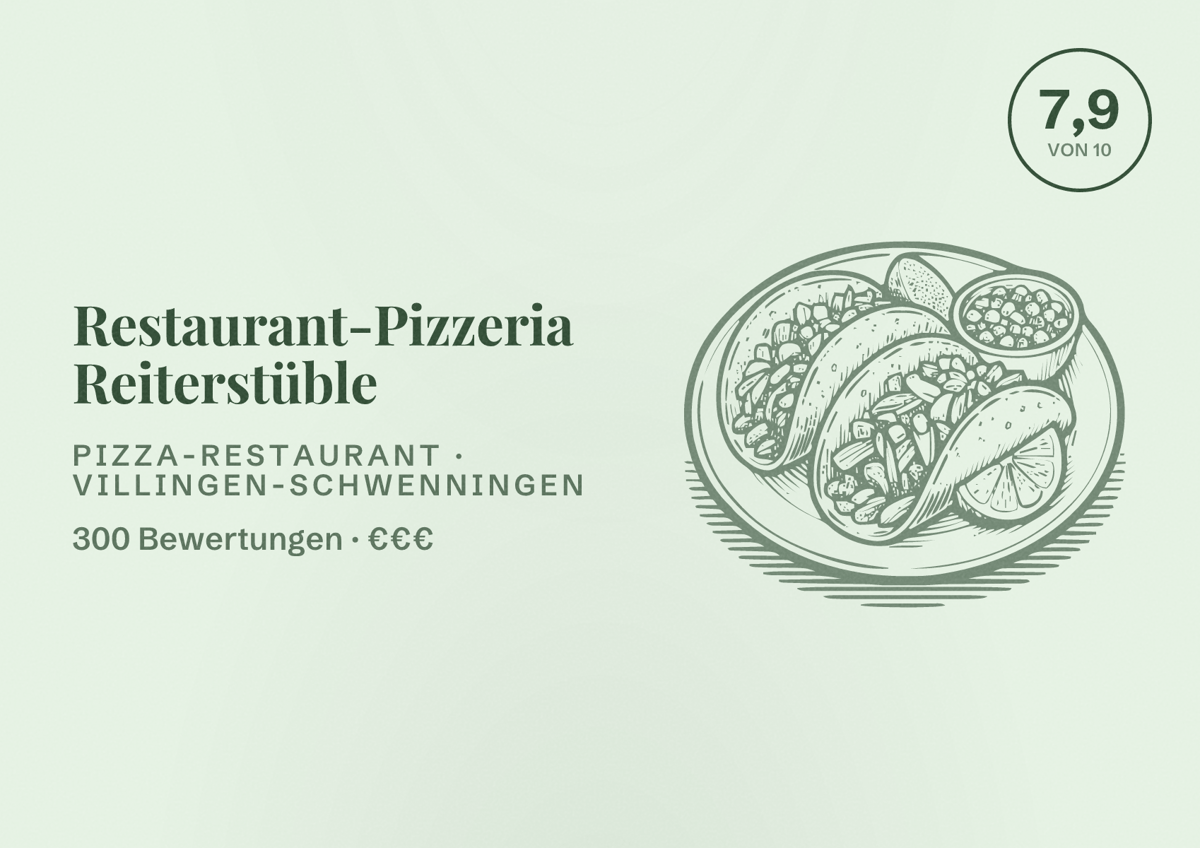 Illustriertes Poster von Restaurant-Pizzeria Reiterstüble, Pizza-Restaurant in Villingen-Schwenningen: Bewertung 7,9 von 10 aus 300 Bewertungen, Preisniveau €€€