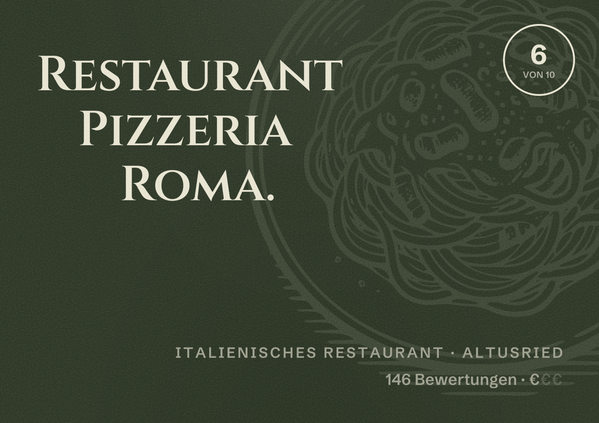 Illustriertes Poster von Restaurant Pizzeria Roma., Italienisches Restaurant in Altusried: Bewertung 6 von 10 aus 146 Bewertungen, Preisniveau €