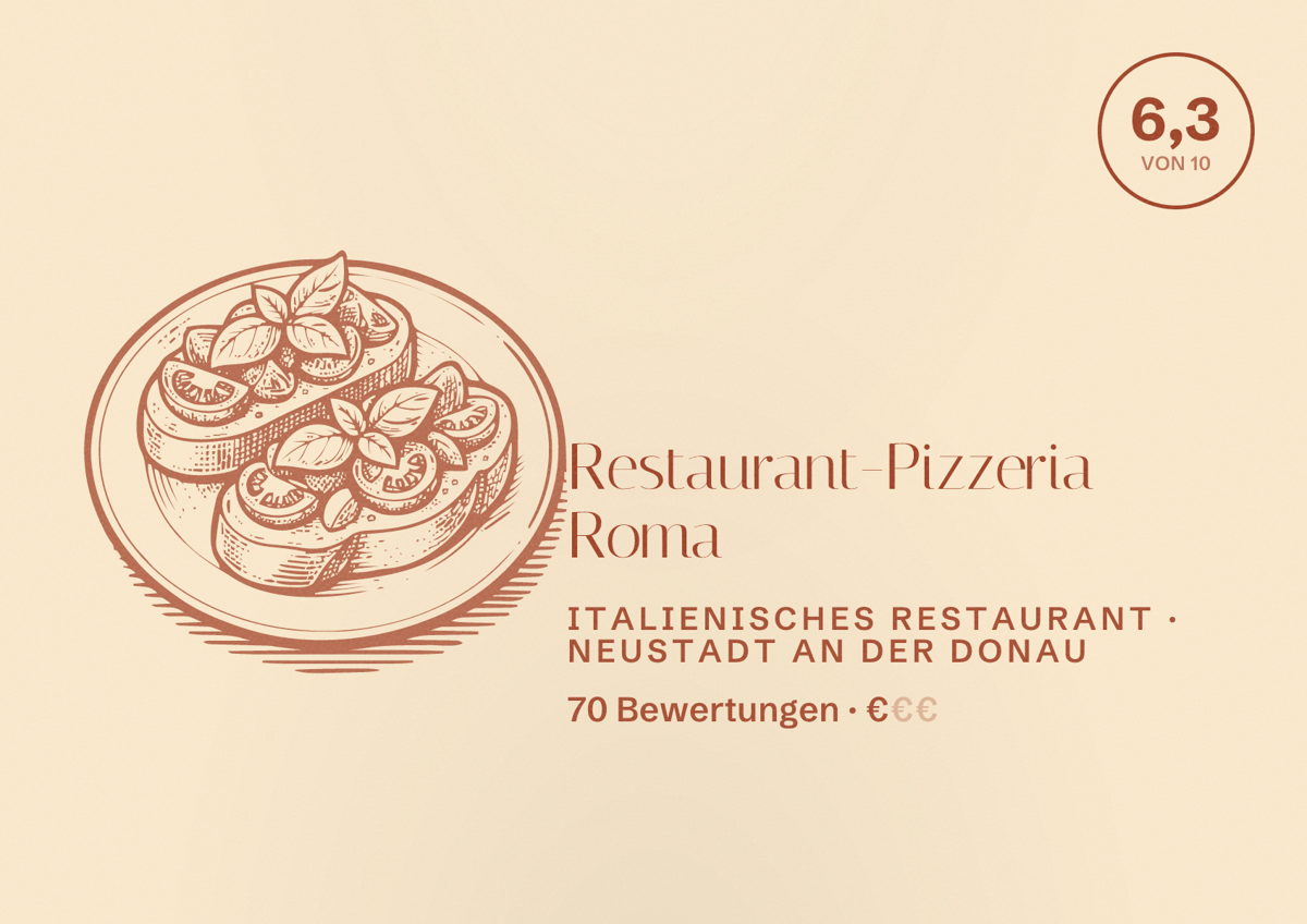 Illustriertes Poster von Restaurant-Pizzeria Roma, Italienisches Restaurant in Neustadt an der Donau: Bewertung 6,3 von 10 aus 70 Bewertungen, Preisniveau €