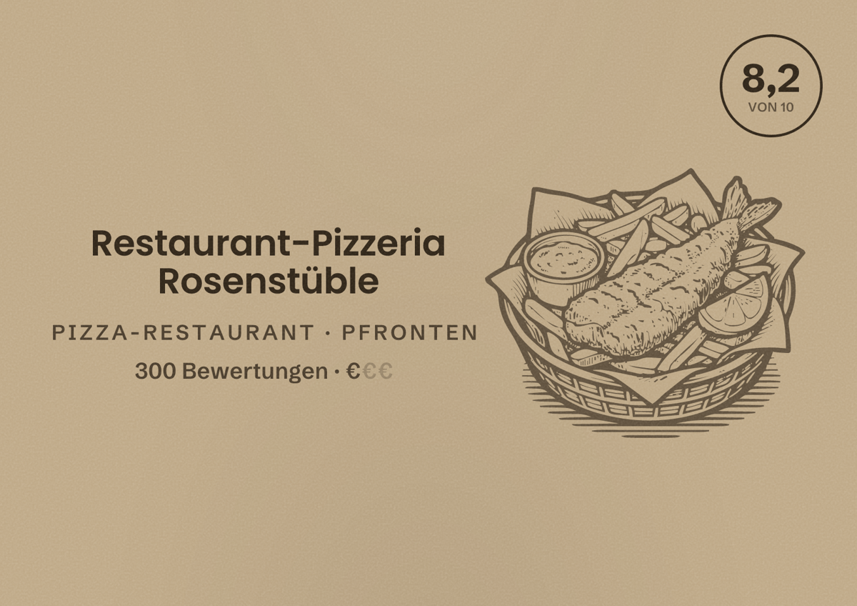 Illustriertes Poster von Restaurant-Pizzeria Rosenstüble, Pizza-Restaurant in Pfronten: Bewertung 8,2 von 10 aus 300 Bewertungen, Preisniveau €