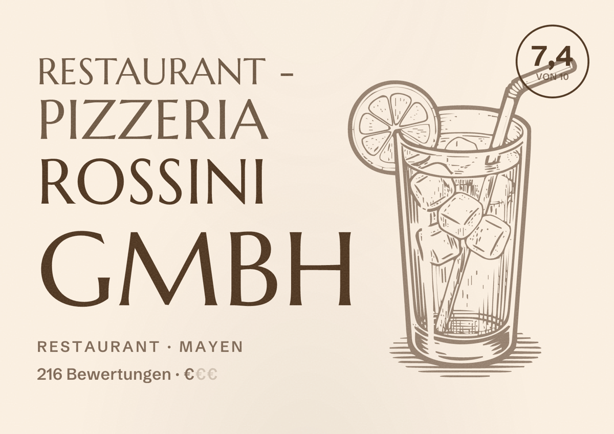 Illustriertes Poster von Restaurant - Pizzeria Rossini GmbH, Restaurant in Mayen: Bewertung 7,4 von 10 aus 216 Bewertungen, Preisniveau €