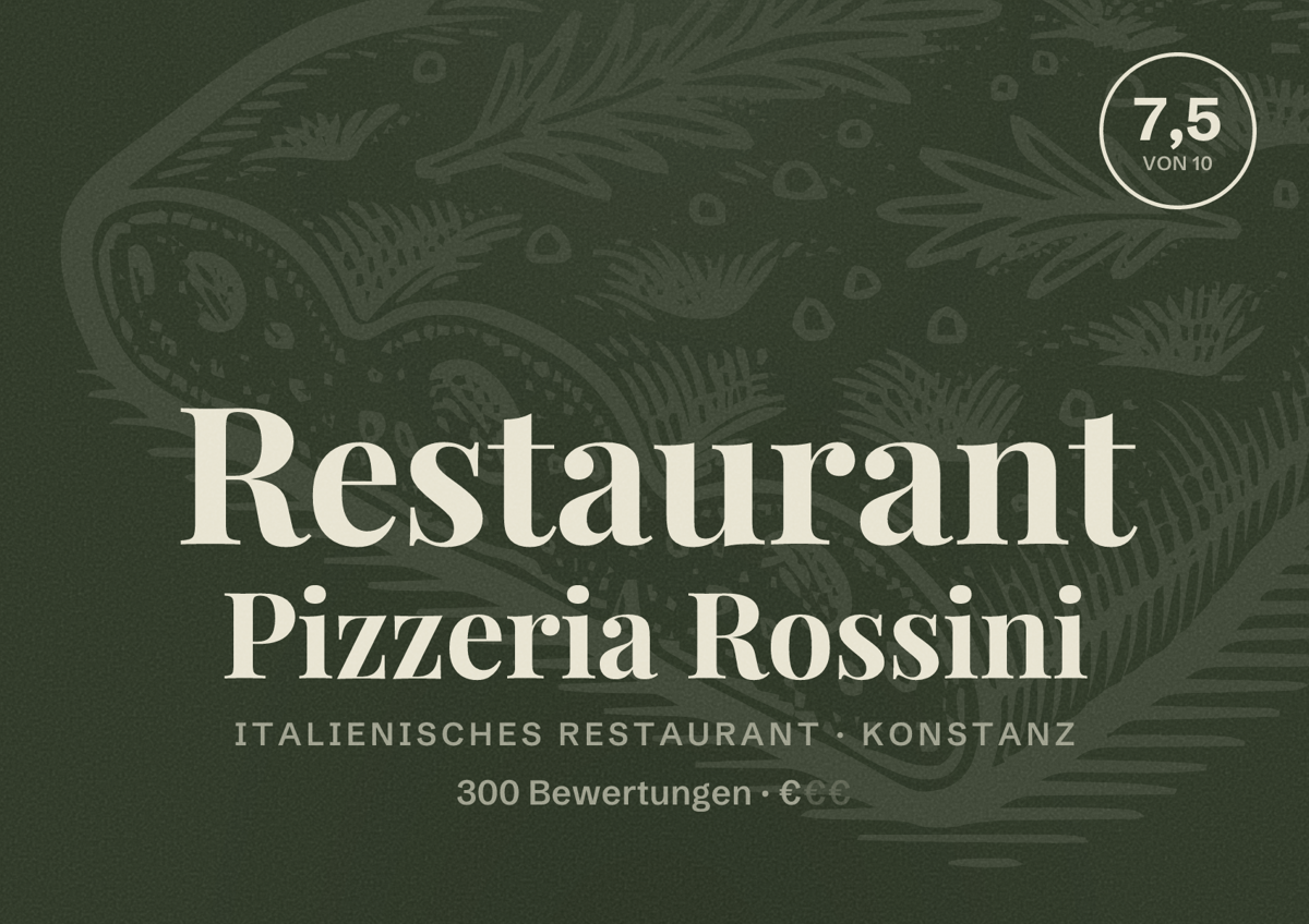 Illustriertes Poster von Restaurant Pizzeria Rossini, Italienisches Restaurant in Konstanz: Bewertung 7,5 von 10 aus 300 Bewertungen, Preisniveau €