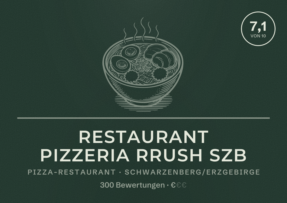 Illustriertes Poster von Restaurant Pizzeria Rrush SZB, Pizza-Restaurant in Schwarzenberg/Erzgebirge: Bewertung 7,1 von 10 aus 300 Bewertungen, Preisniveau €