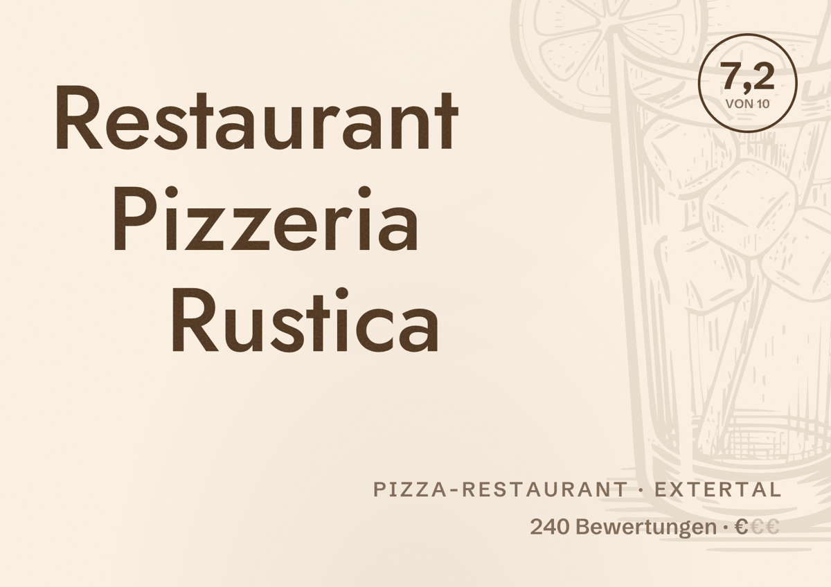 Illustriertes Poster von Restaurant Pizzeria Rustica, Pizza-Restaurant in Extertal: Bewertung 7,2 von 10 aus 240 Bewertungen, Preisniveau €