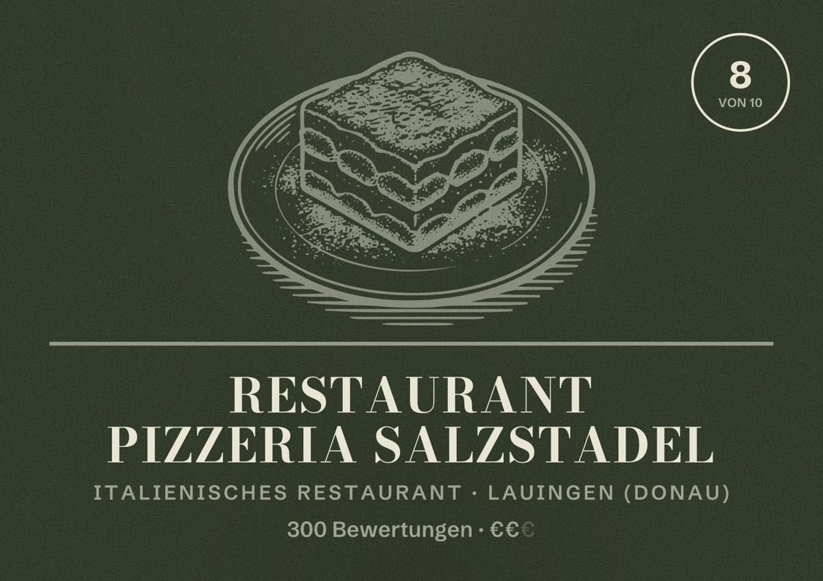 Illustriertes Poster von Restaurant Pizzeria Salzstadel, Italienisches Restaurant in Lauingen (Donau): Bewertung 8 von 10 aus 300 Bewertungen, Preisniveau €€