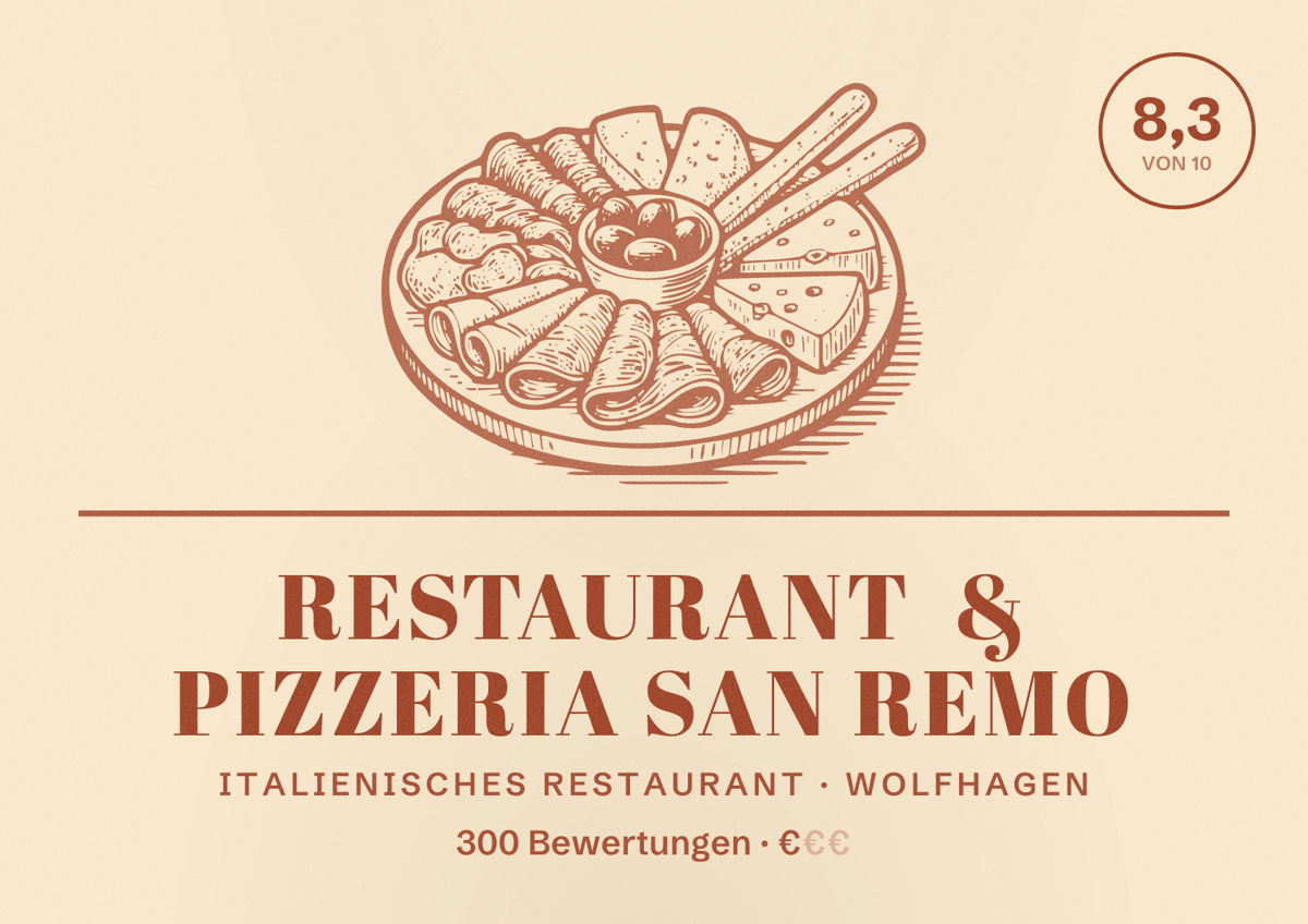 Illustriertes Poster von Restaurant & Pizzeria San Remo, Italienisches Restaurant in Wolfhagen: Bewertung 8,3 von 10 aus 300 Bewertungen, Preisniveau €