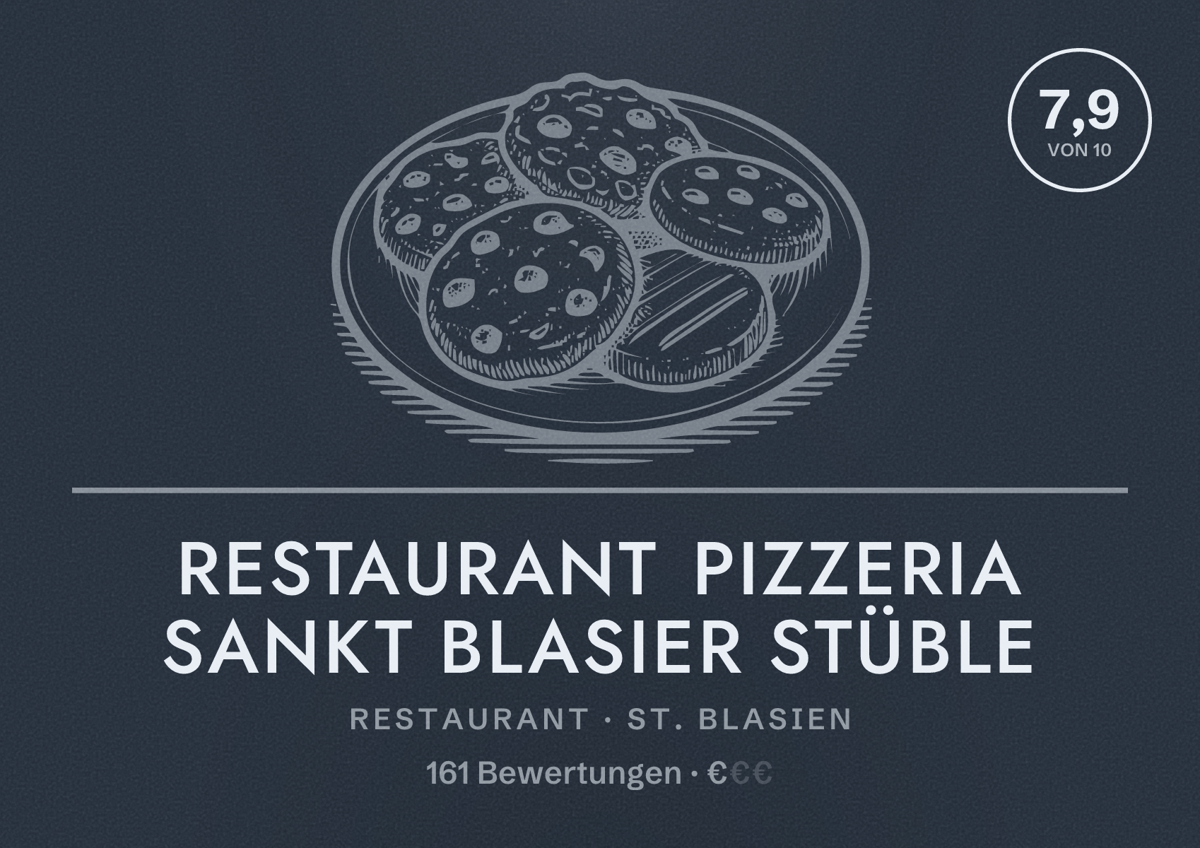 Illustriertes Poster von Restaurant Pizzeria Sankt Blasier Stüble, Restaurant in St. Blasien: Bewertung 7,9 von 10 aus 161 Bewertungen, Preisniveau €