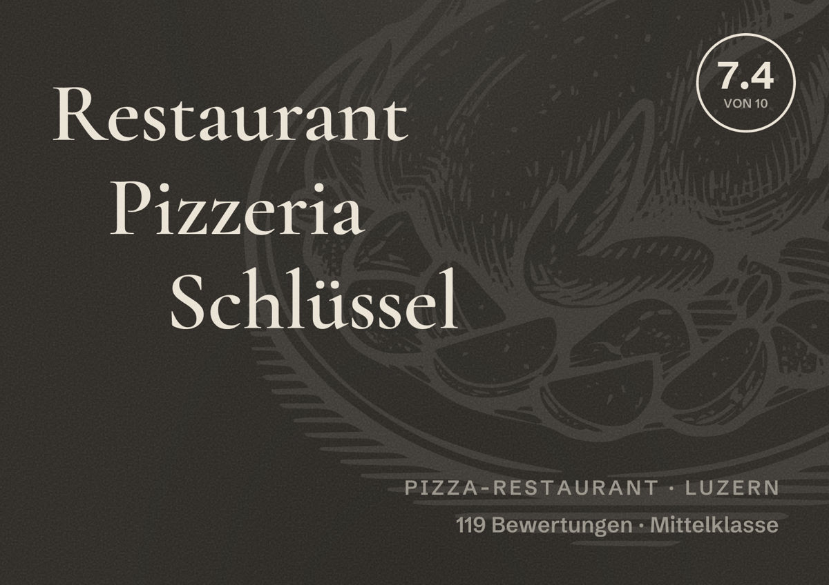 Illustriertes Poster von Restaurant Pizzeria Schlüssel, Pizza-Restaurant in Luzern: Bewertung 7.4 von 10 aus 119 Bewertungen, Preisniveau Mittelklasse
