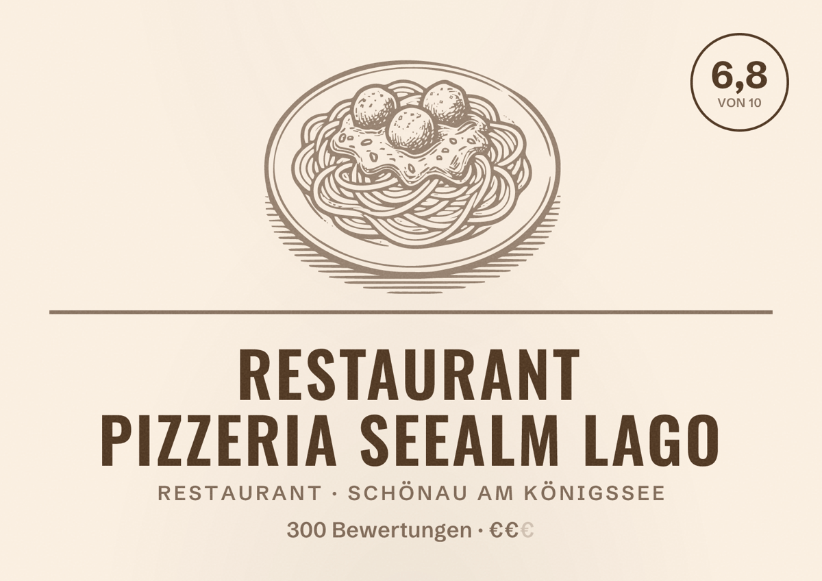Illustriertes Poster von Restaurant Pizzeria Seealm Lago, Restaurant in Schönau am Königssee: Bewertung 6,8 von 10 aus 300 Bewertungen, Preisniveau €€